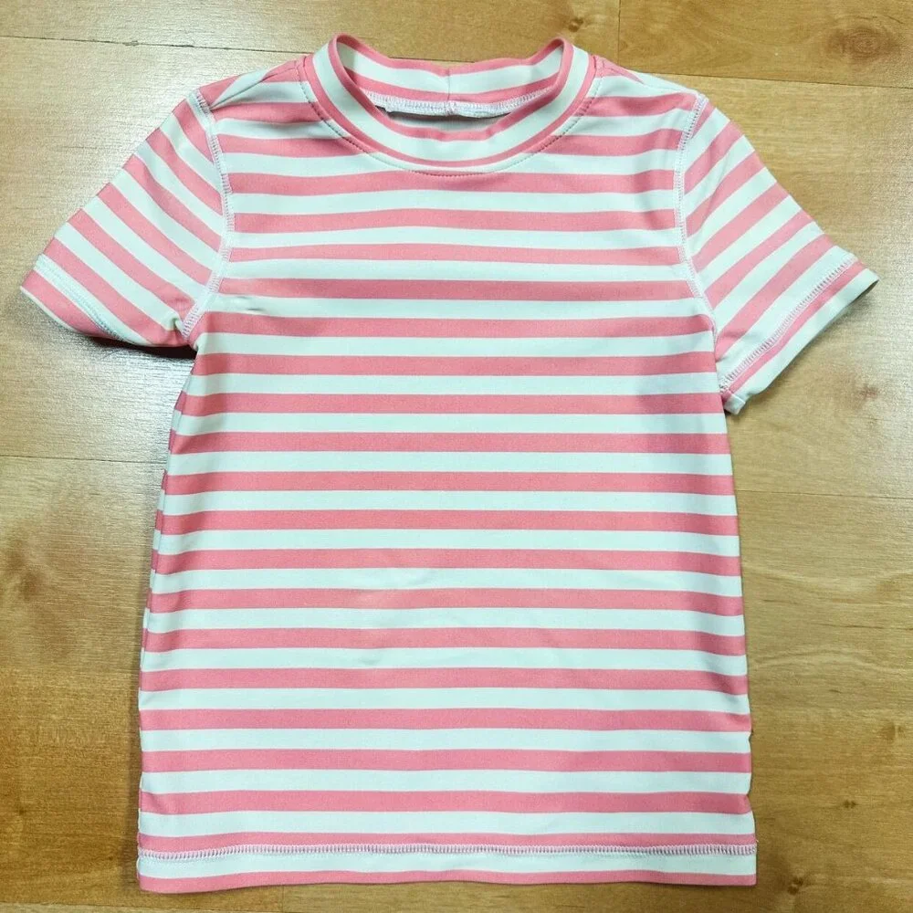 Primary Toddler Girls Pink & White Striped Short Sleeve Rashguard Size 2/3
